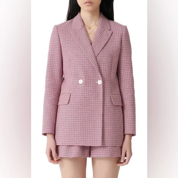 Maje Pink Checked Straight Double-Breasted Blazer - Picture 1 of 5